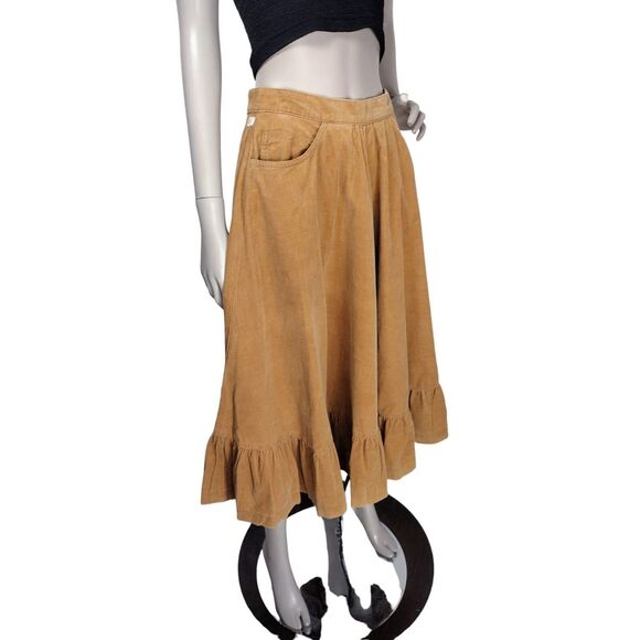 Vintage 70s Corduroy High-Waist Boho Western Equestrian Full Tiered Midi Skirt - Picture 2 of 11